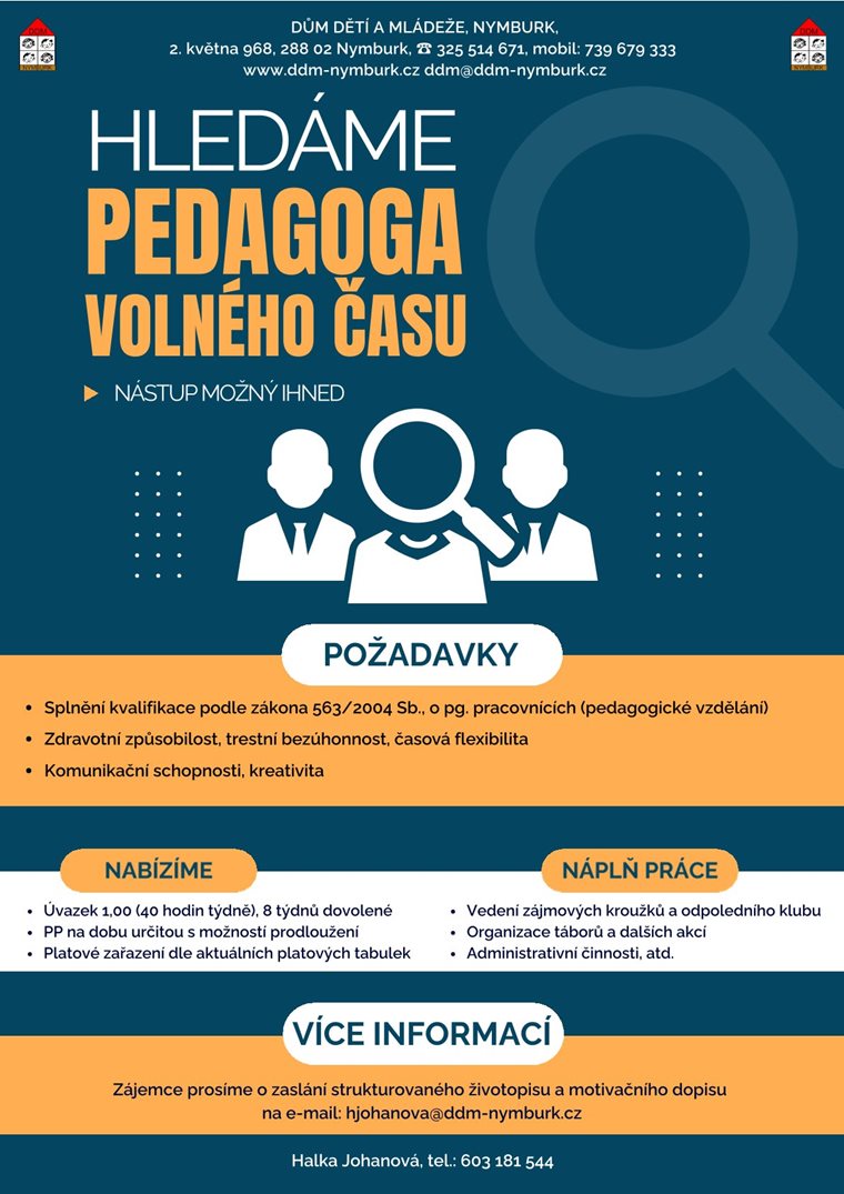 Inzerát Hledáme pedagoga volného času